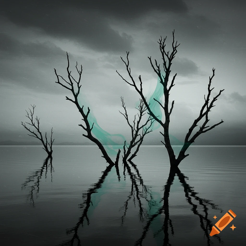 Black and white landscape of silhouetted dead trees standing in water under a cloudy sky, with subtle teal light accents.