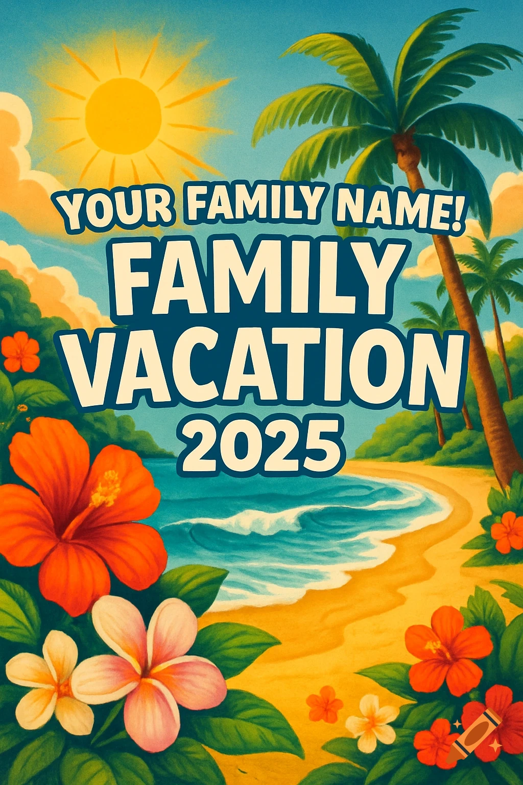 Vibrant illustration of a tropical beach with text "YOUR FAMILY NAME! FAMILY VACATION 2025", palm trees, sun, and hibiscus flowers.
