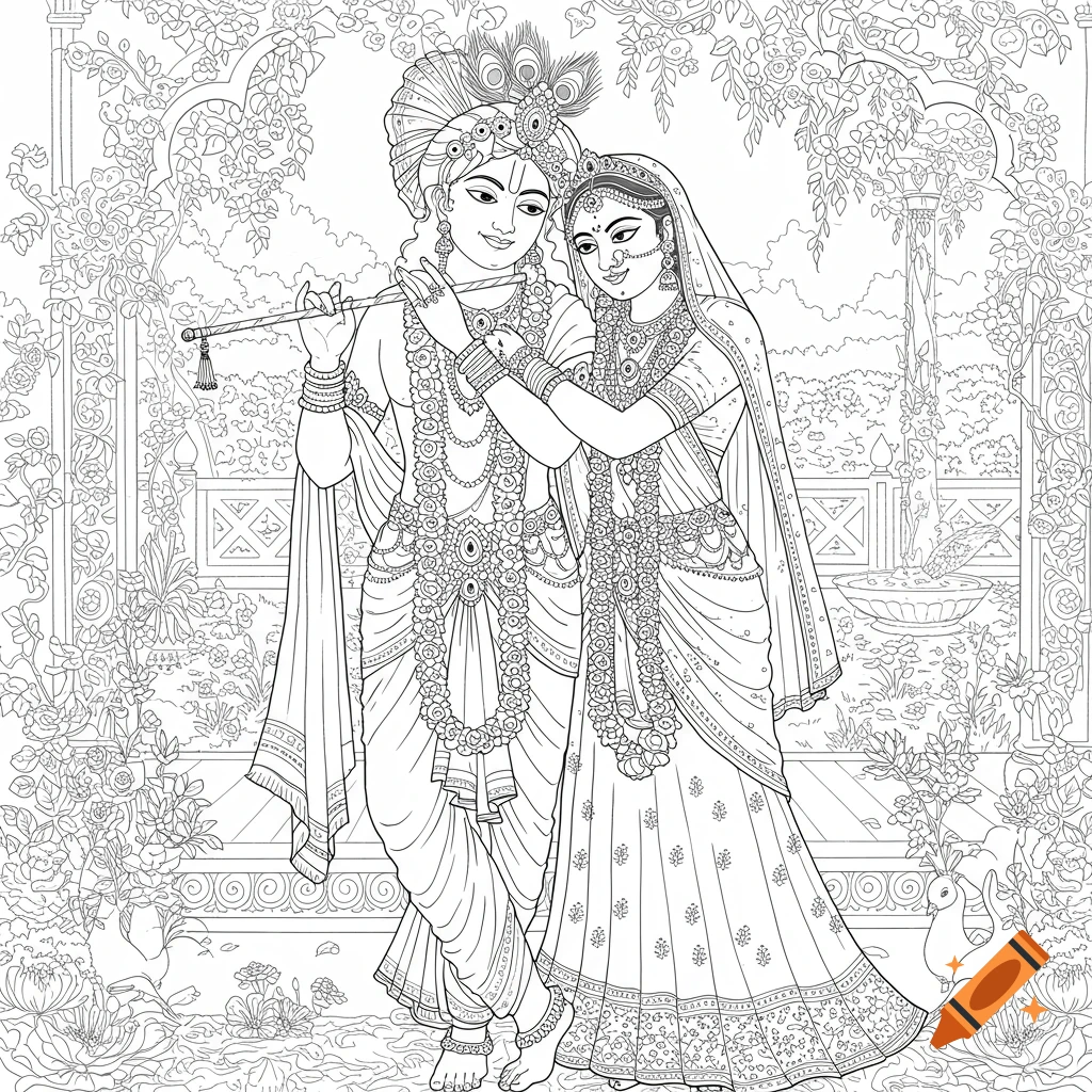 Detailed line art coloring page of Radha and Krishna embracing in a lush garden with peacocks and flowers.