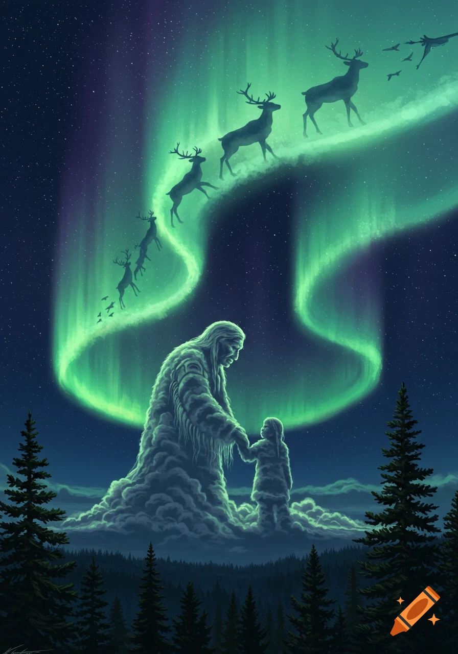 A painting of a cloud-like elder and child holding hands under a night sky with northern lights forming migrating caribou.