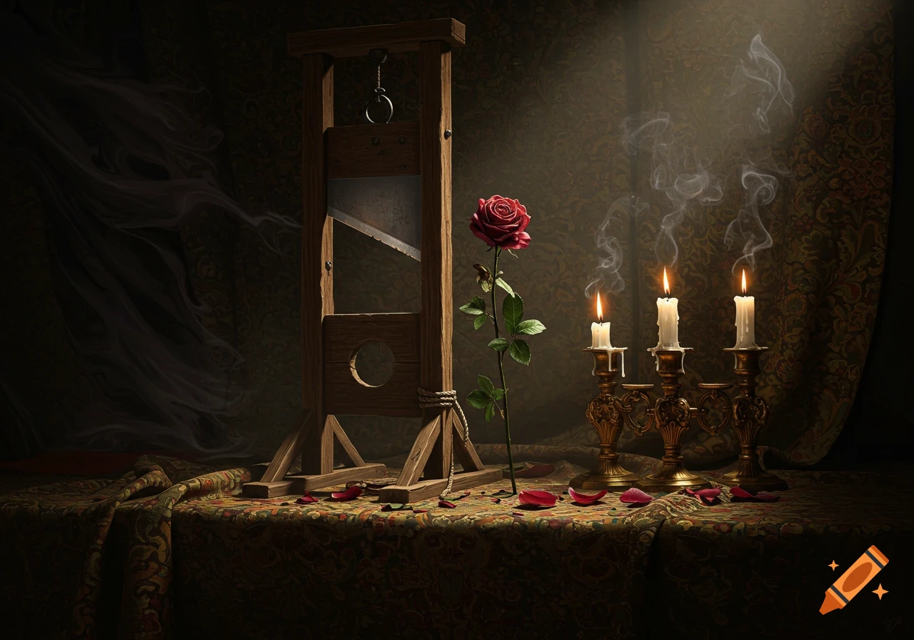 A dark renaissance-style still life with a wooden guillotine, a single red rose, and three lit candles on an ornate table.