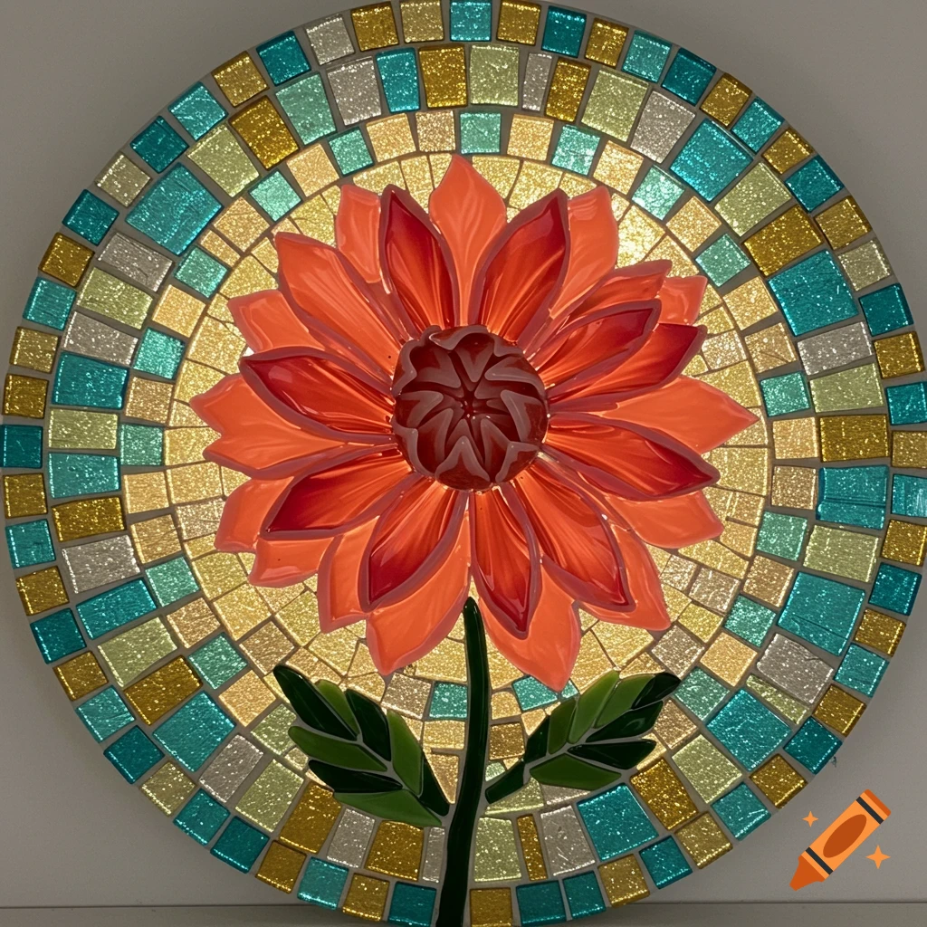 Round fused glass mosaic art of a glowing orange flower with green leaves, surrounded by concentric rings of colorful square tiles.