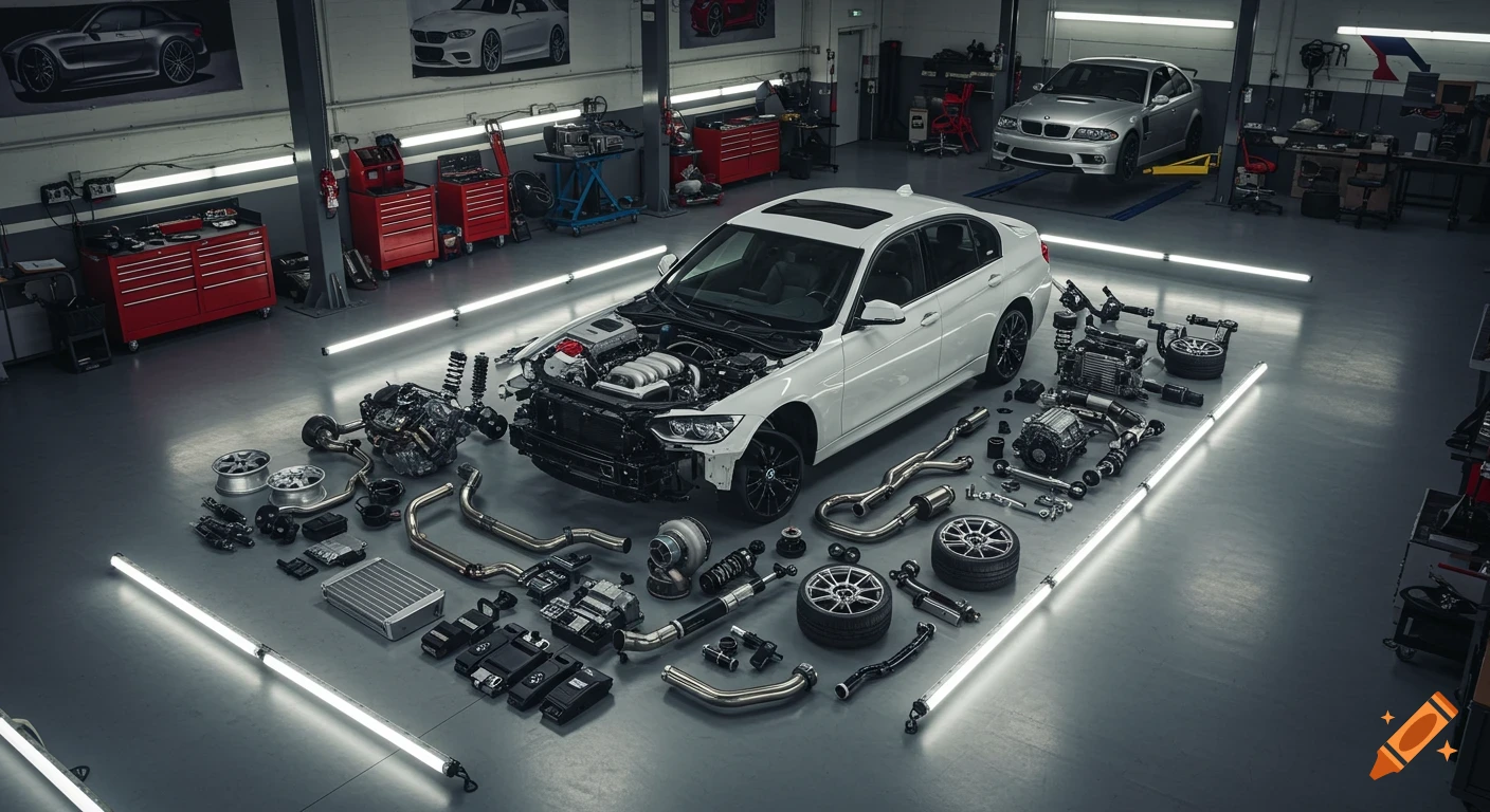 A white car completely disassembled in a modern auto shop, with all its parts neatly laid out on the floor.