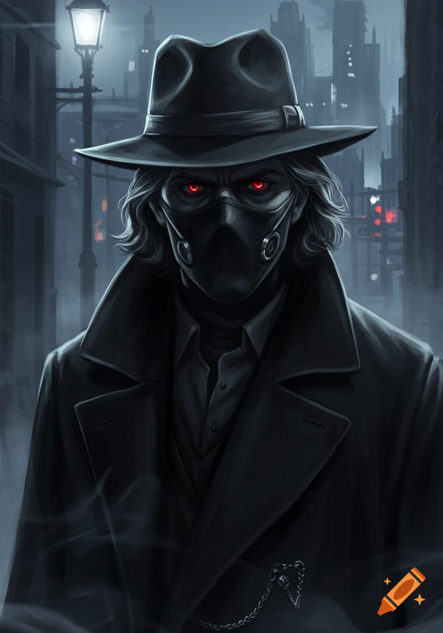 A mysterious man with a black fedora, dark mask, glowing red eyes, and a trench coat stands on a dark city street.
