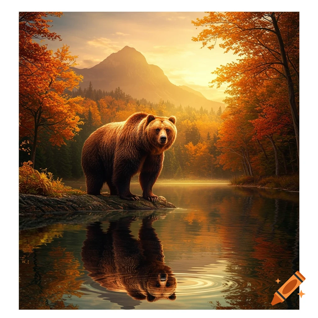 A brown bear stands on a rock by a reflective lake, surrounded by colorful autumn trees and a mountain at sunset.