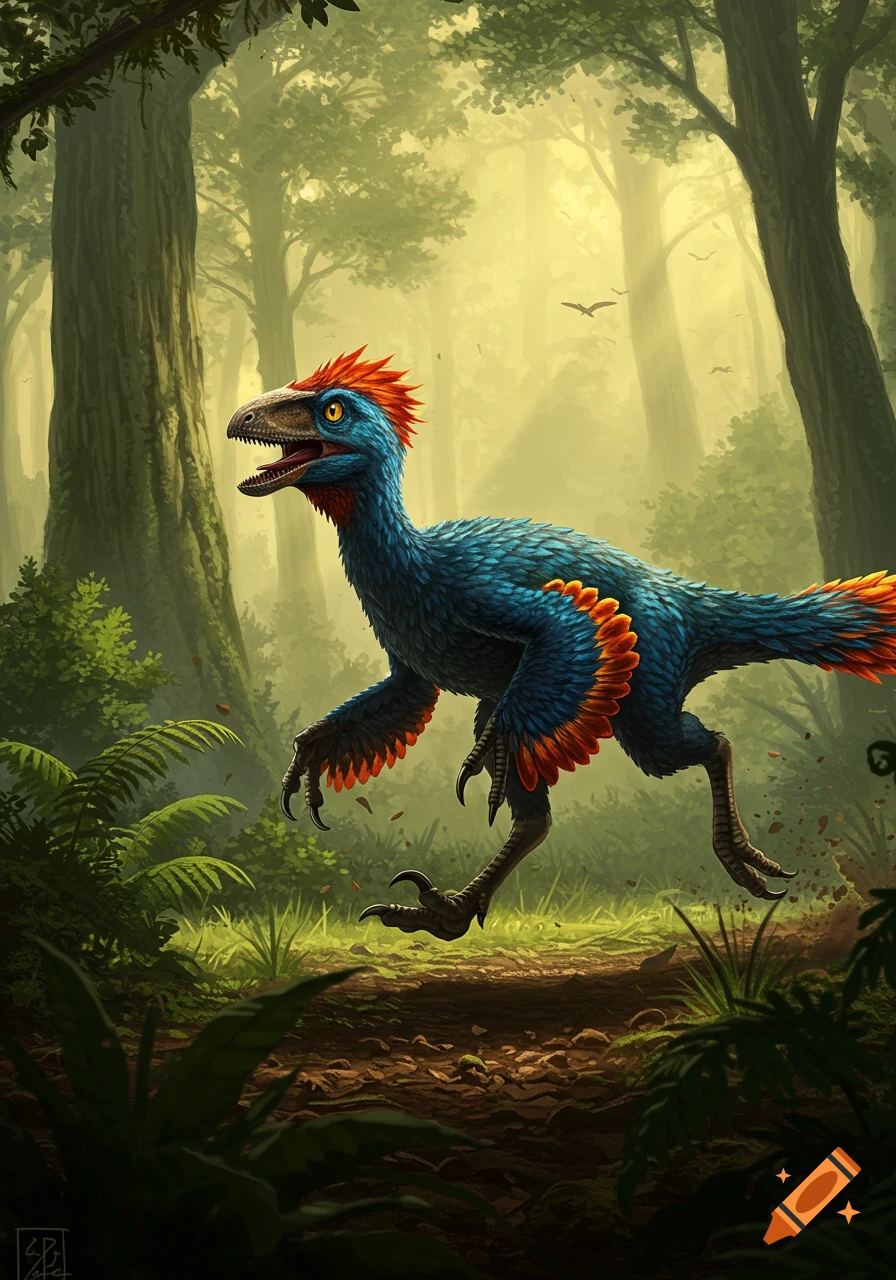 A vibrant feathered dinosaur with blue and orange plumage runs through a lush, sunlit forest.