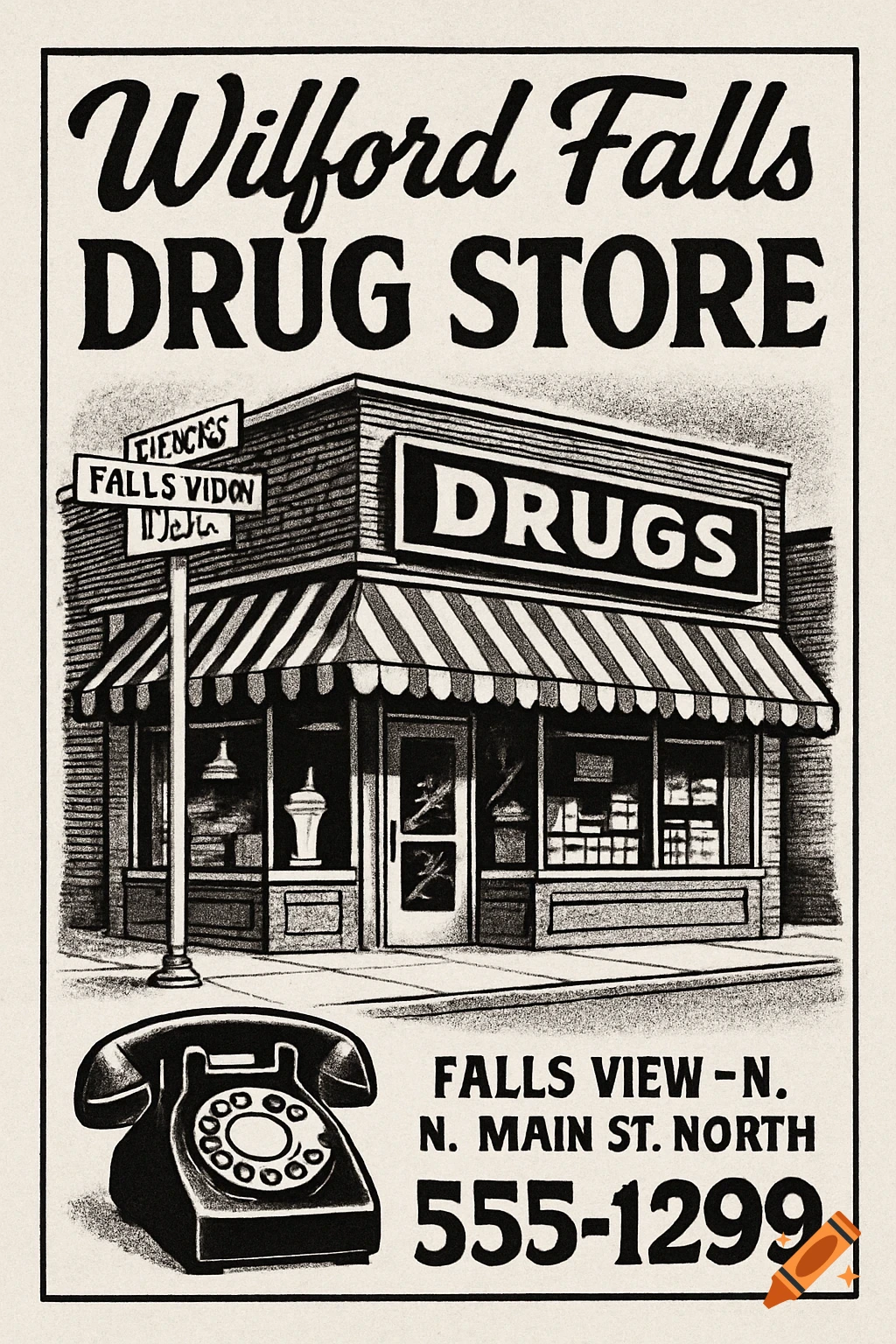 A black and white vintage-style newspaper ad for Wilford Falls Drug Store, showing the storefront, a street sign, and an old telephone.