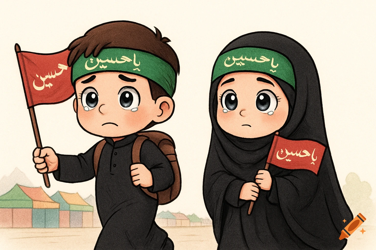 Two crying cartoon children, a boy and a girl, in black attire with green headbands and red flags, walking in an Arbaeen procession.