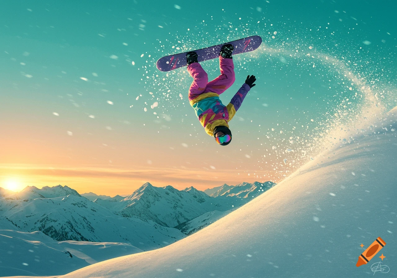 A snowboarder in colorful gear is airborne over a snow-covered mountain, with a vibrant sunset sky behind them.