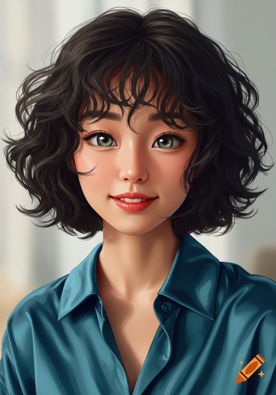 Semi-realistic anime portrait of a young Asian woman with short black curly hair and green eyes, wearing a blue collared shirt.