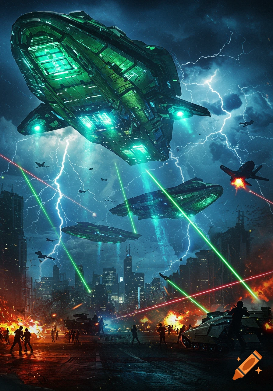A futuristic cityscape under attack by large green alien spacecraft firing lasers amidst lightning and explosions, with soldiers fighting on the ground.