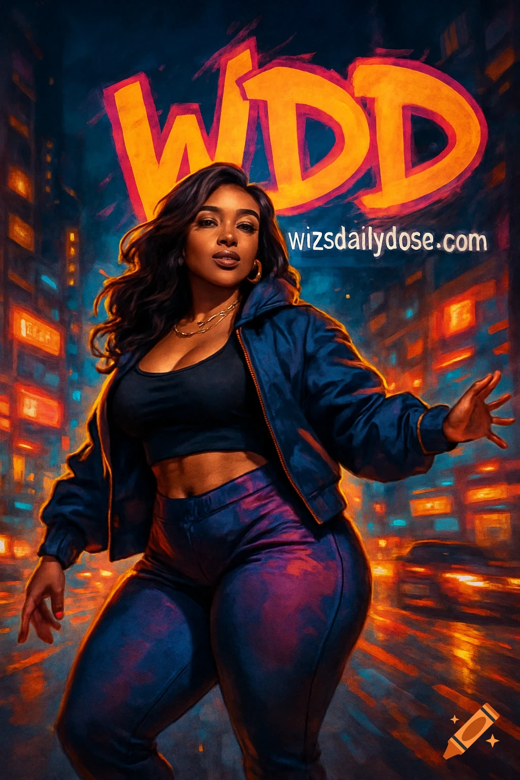 A confident woman in streetwear with a crop top and leggings poses in a vibrant, stylized urban setting with "WDD" and "wizsdailydose.com" in the background.
