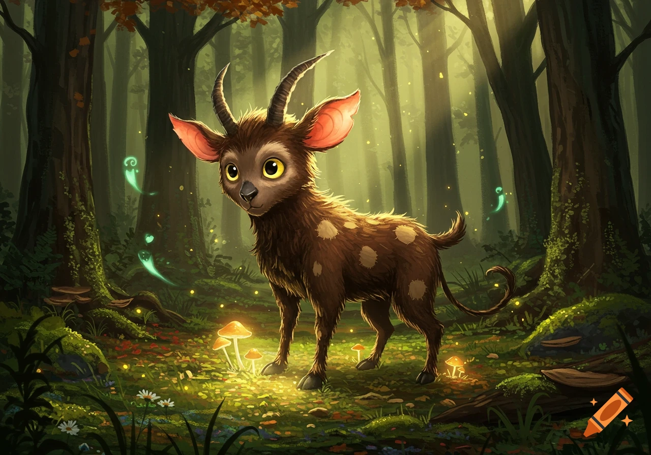 A cute brown creature with large ears and small horns stands in a magical, sunlit forest with glowing mushrooms.