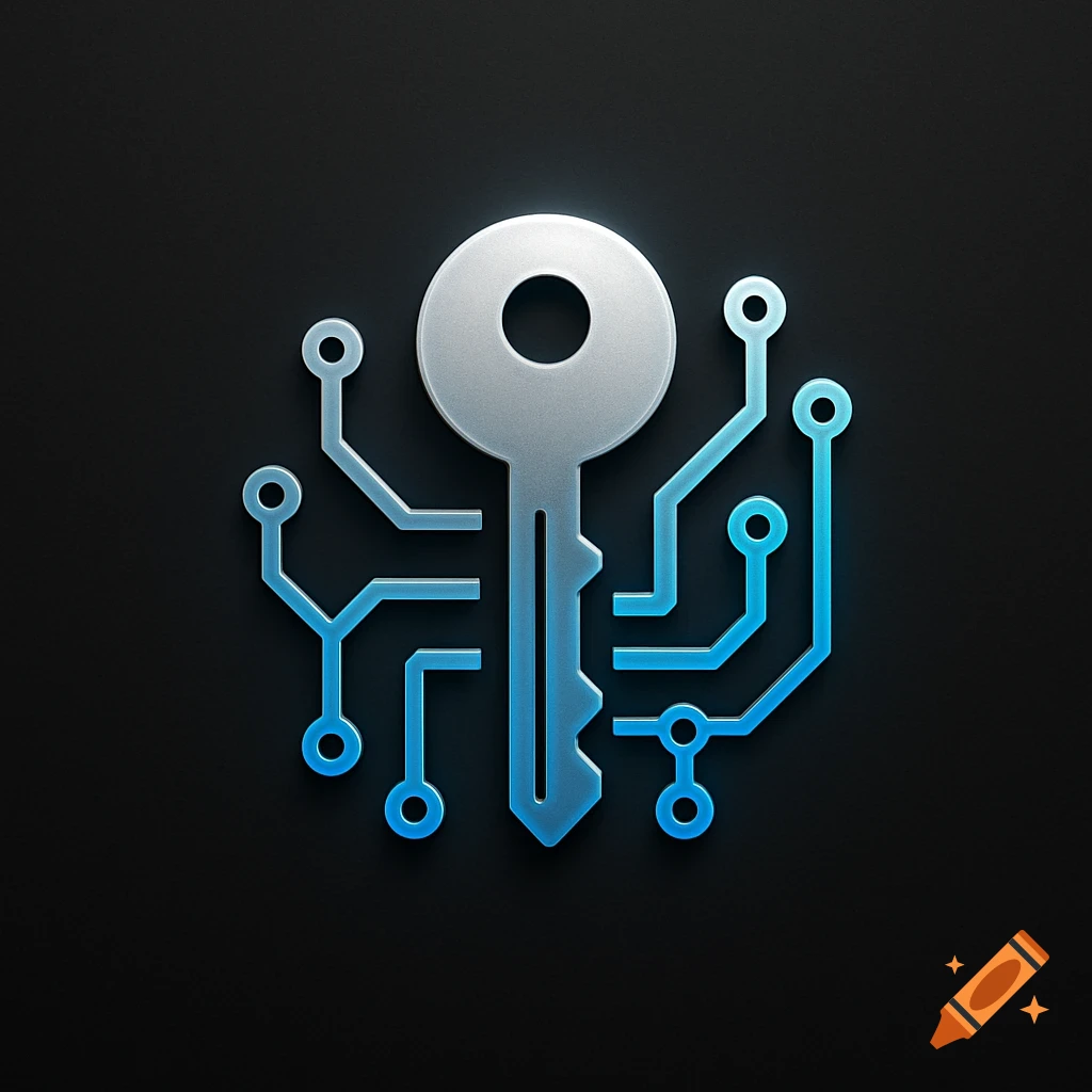 A silver key integrated with glowing blue circuit lines, centered on a dark background. Icon style.