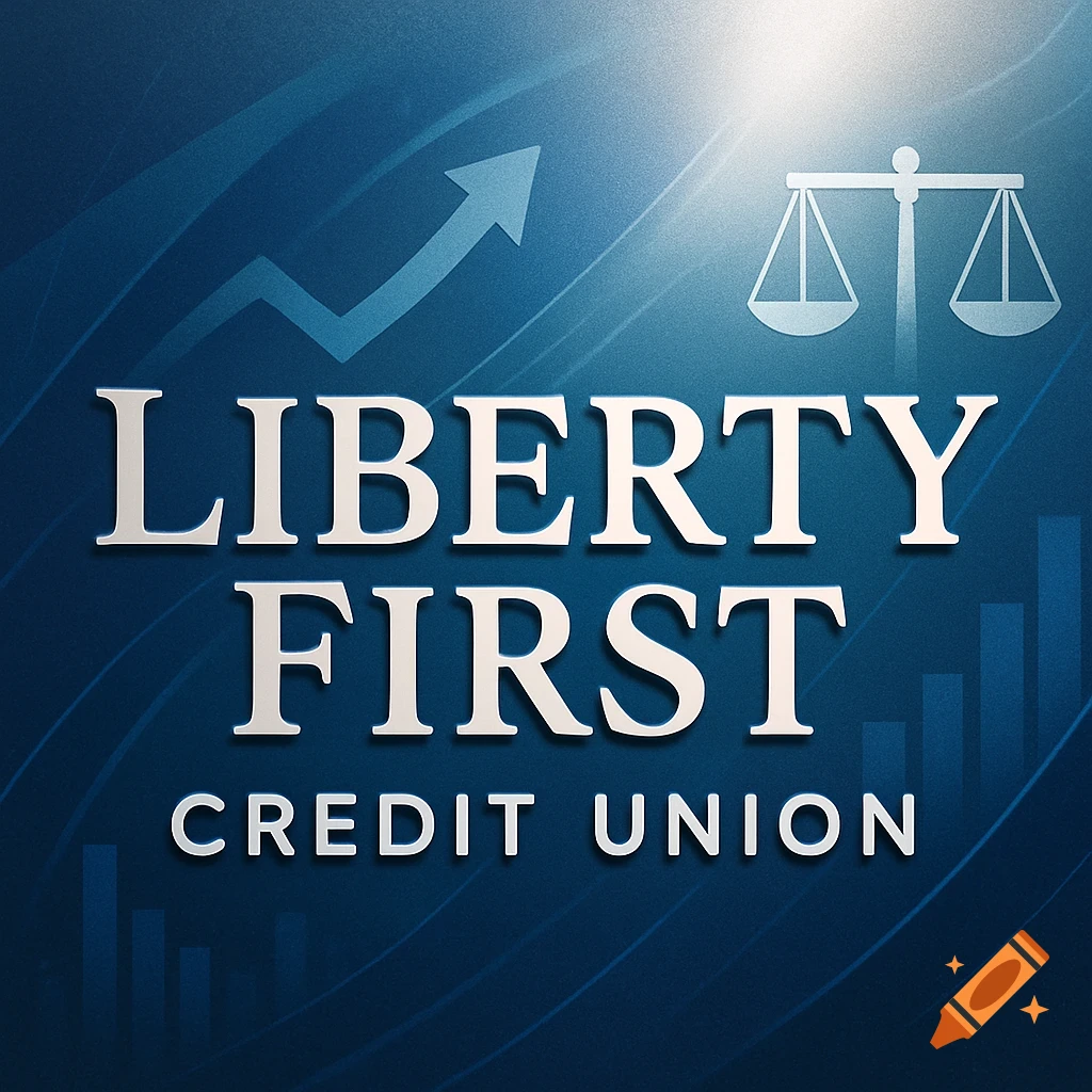 Logo for Liberty First Credit Union on a blue background with an upward arrow and scales of justice.