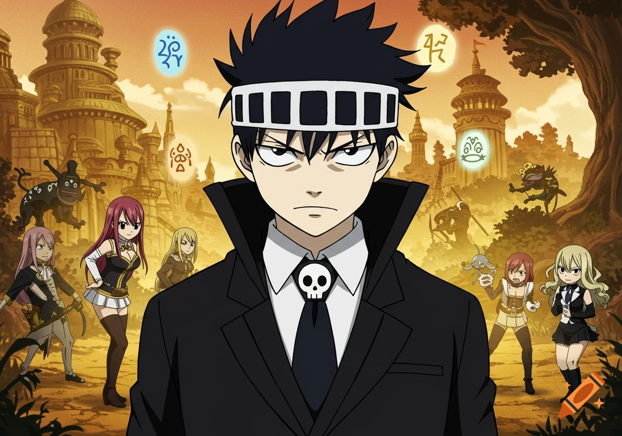 A male anime character with spiky black hair and a white headband stands in a black suit with a skull tie, in front of other anime characters and fantasy buildings under an orange sky.