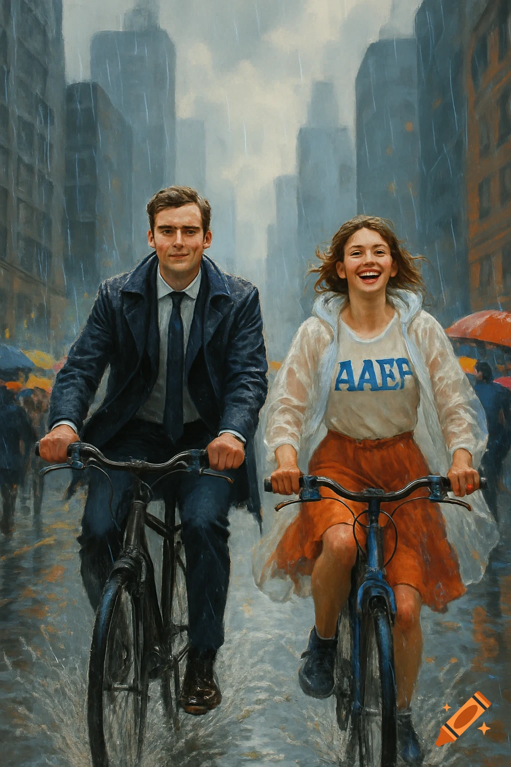 Two smiling people on bicycles in the rain on a city street, painterly style.