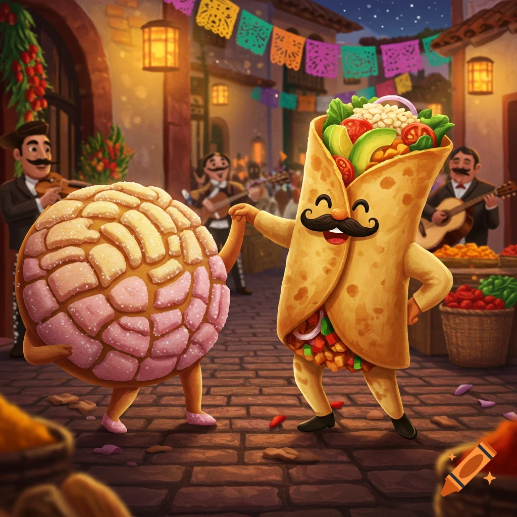 A cute cartoon concha and burrito dance in a festive Mexican street scene with mariachi musicians and papel picado.