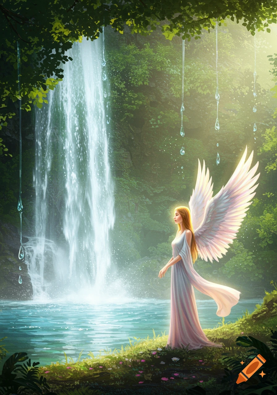 A luminous angel with large white wings stands by a majestic waterfall in a lush, sunlit forest. Dreamy fantasy art.