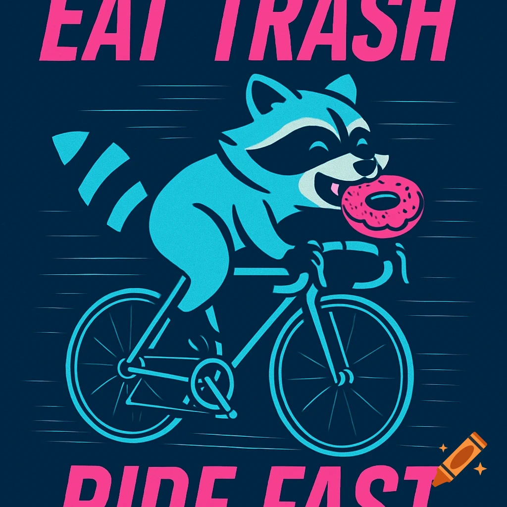 A blue cartoon raccoon rides a bike eating a pink donut. "EAT TRASH" and "RIDE FAST" in neon pink text. 80s techno style.