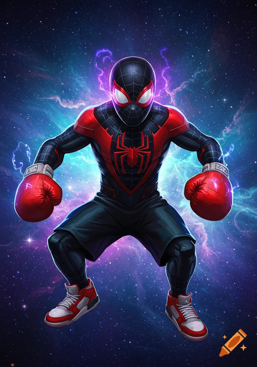 Miles Morales Spiderman in his black and red suit, wearing red boxing gloves and sneakers, stands against a vibrant cosmic background.