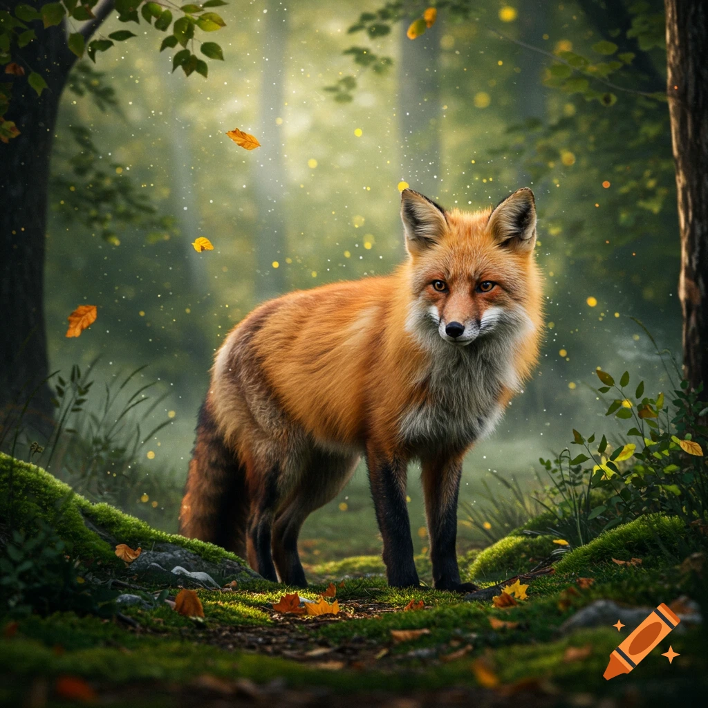 A red fox stands in an enchanted forest with golden light and falling autumn leaves, looking directly at the viewer. Photorealistic style.