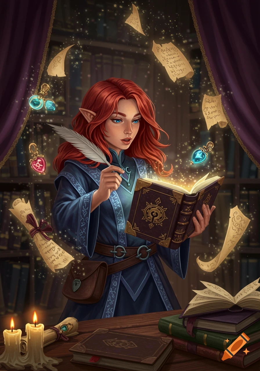 A red-haired elf mage with pointed ears reads a glowing spellbook in a library, surrounded by floating scrolls and magical artifacts.