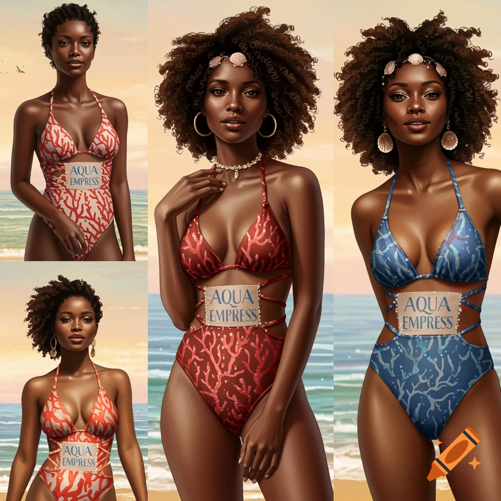 Multiple dark-skinned women modeling coral-patterned red and blue bathing suits on a beach.