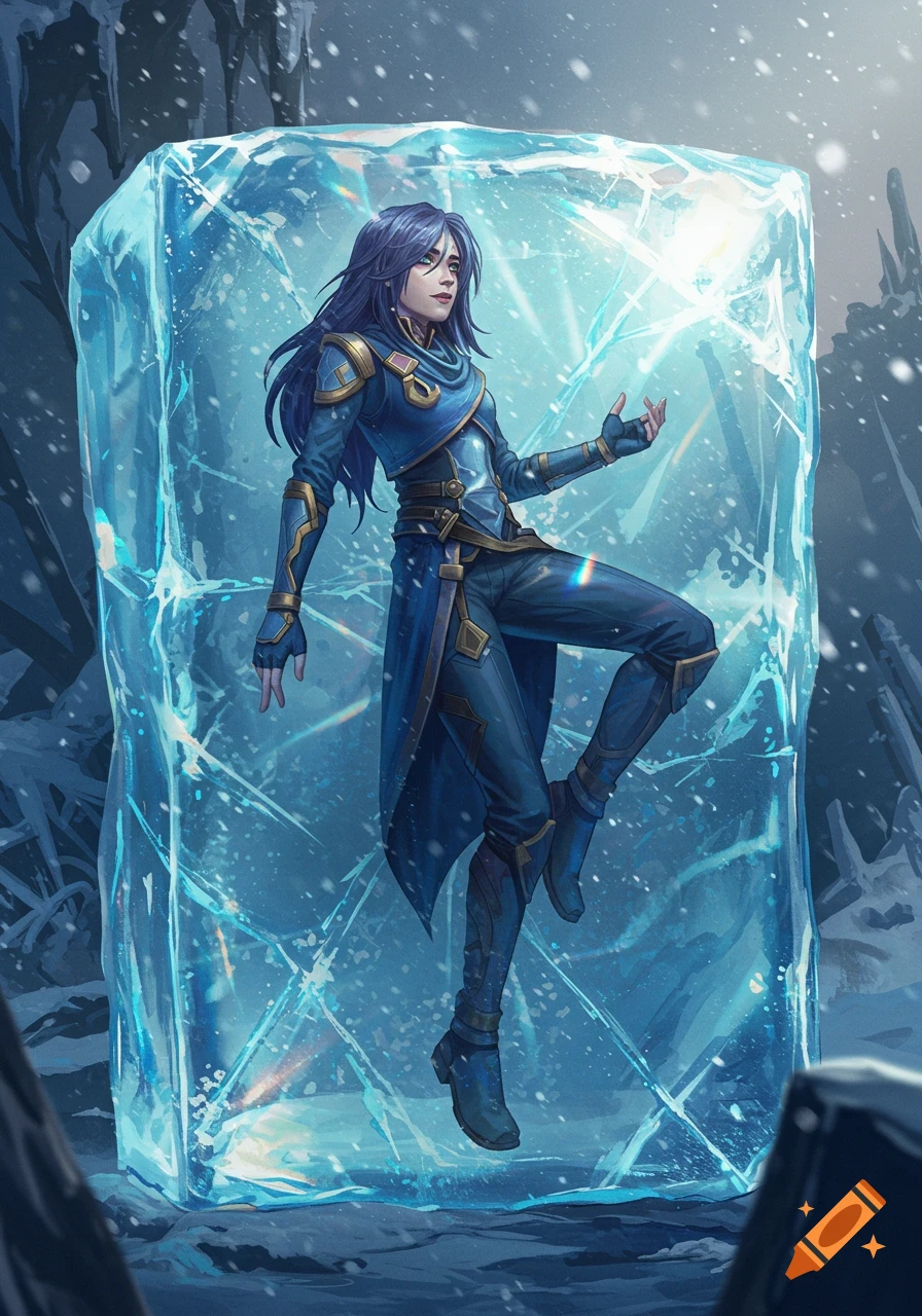 Fantasy illustration of a character with blue hair encased in a block of ice in a snowy landscape.
