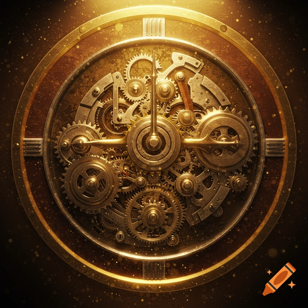 An intricate, golden steampunk clockwork mechanism with many gears and levers, bathed in a warm glow.