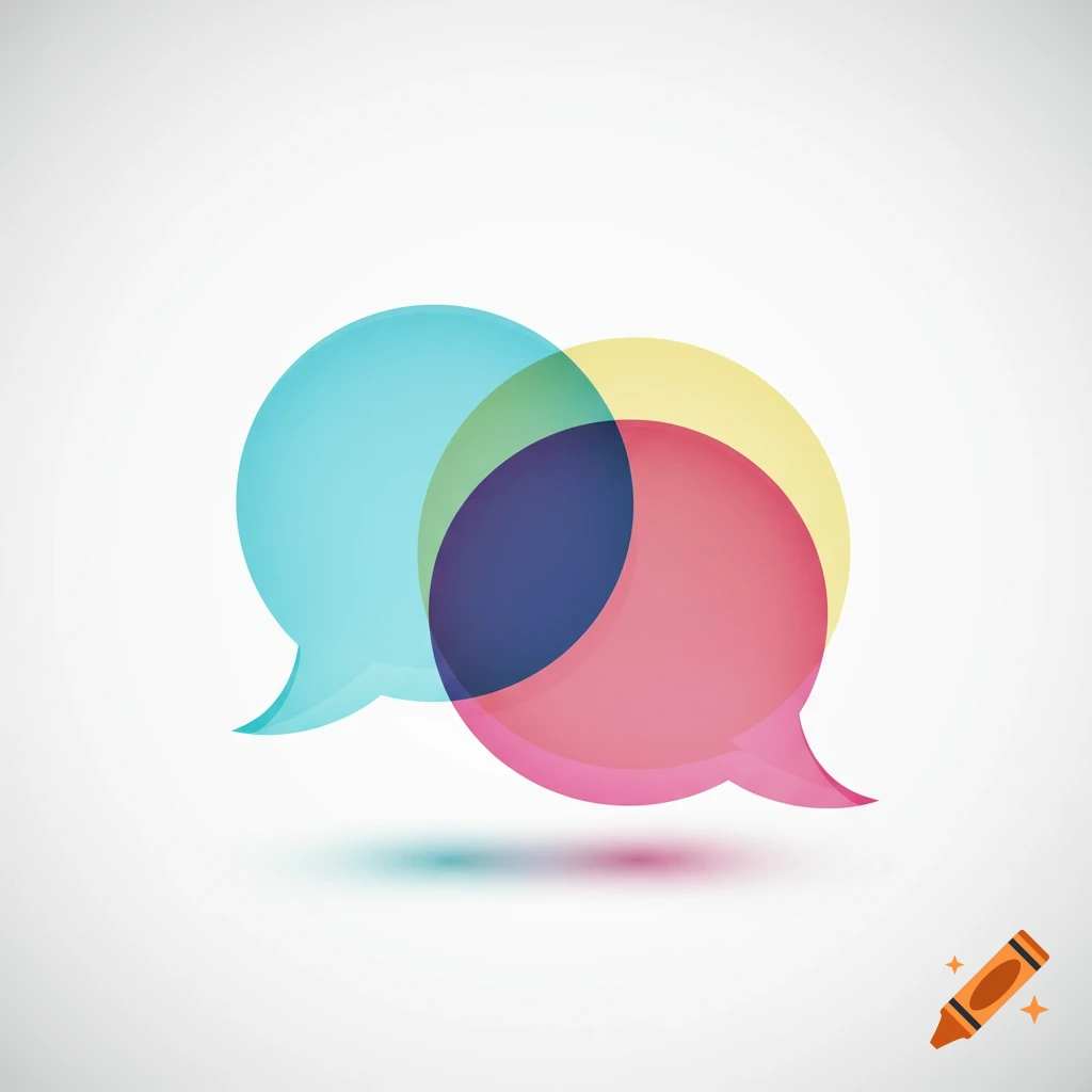 Two overlapping translucent speech bubbles in shades of blue and pink, with a yellow overlap, casting colorful shadows on a white background.