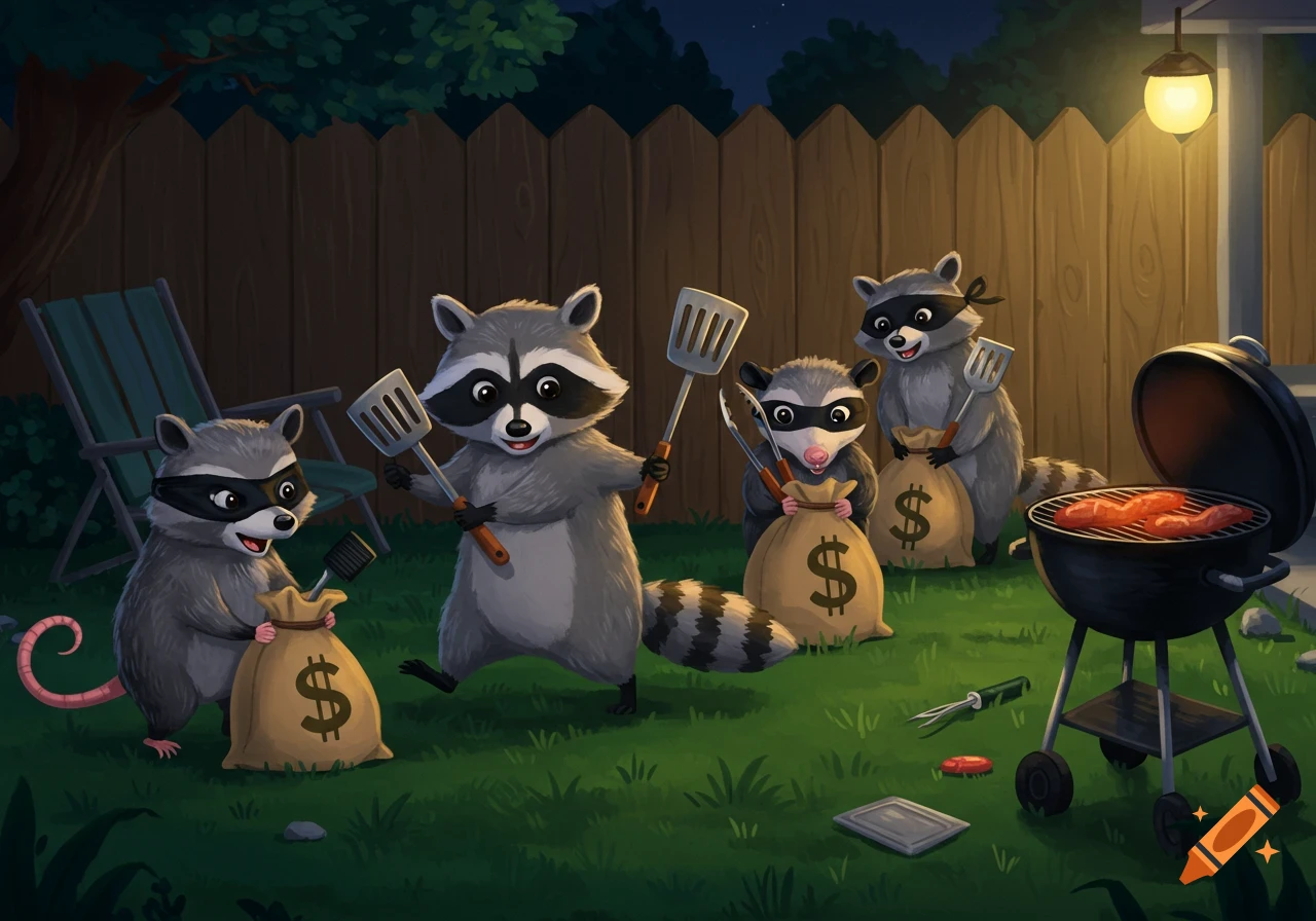 Cartoon raccoons and a possum, dressed as burglars with eye masks, steal BBQ tools and money bags in a backyard at night.