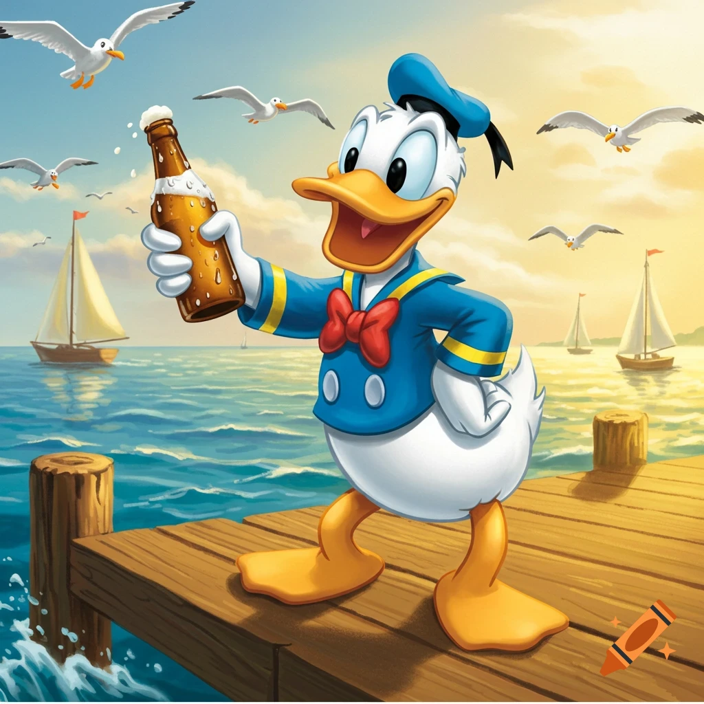 Donald Duck stands on a wooden dock, holding a beer bottle, with sailboats and seagulls over the ocean in a sunny cartoon scene.
