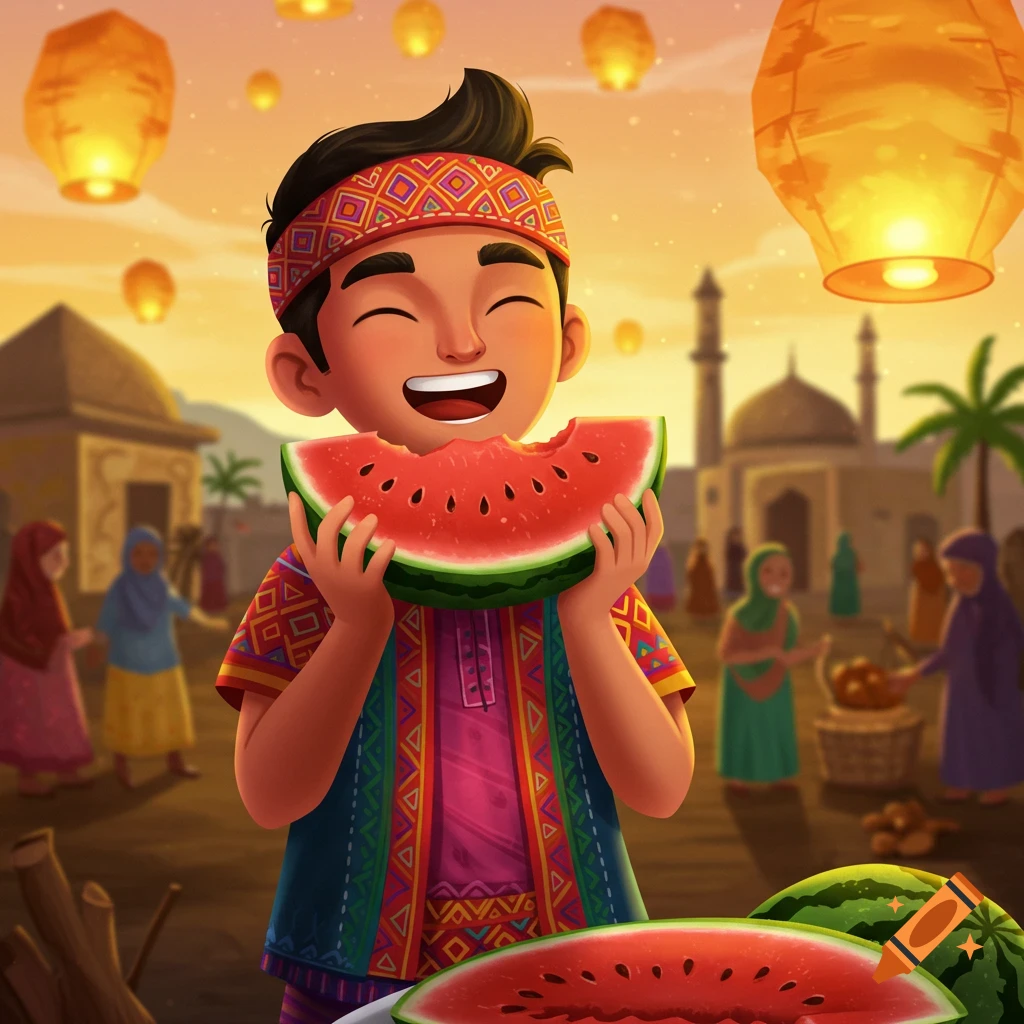 A happy boy in colorful traditional clothes eats watermelon in a vibrant village market with lanterns at sunset, illustrated.