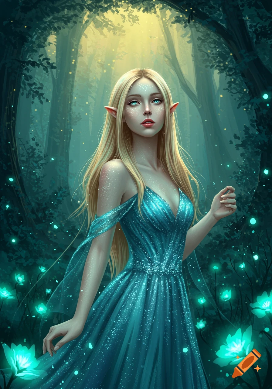 A blonde-haired elf woman in a sparkling blue dress stands in a mystical forest with glowing blue plants and dappled sunlight.
