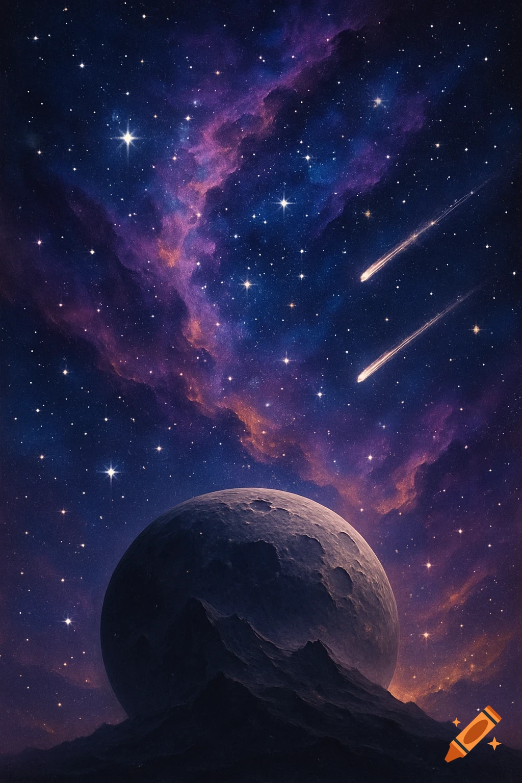 A vibrant cosmic scene with a large, cratered planet partially obscured by mountains, surrounded by a dark sky filled with countless stars, glowing purple and orange nebulae, and two streaking meteors.