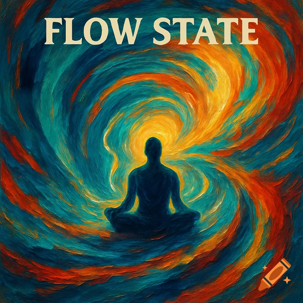 A silhouette of a person meditating against a swirling, vibrant abstract background with the text 'FLOW STATE' at the top.
