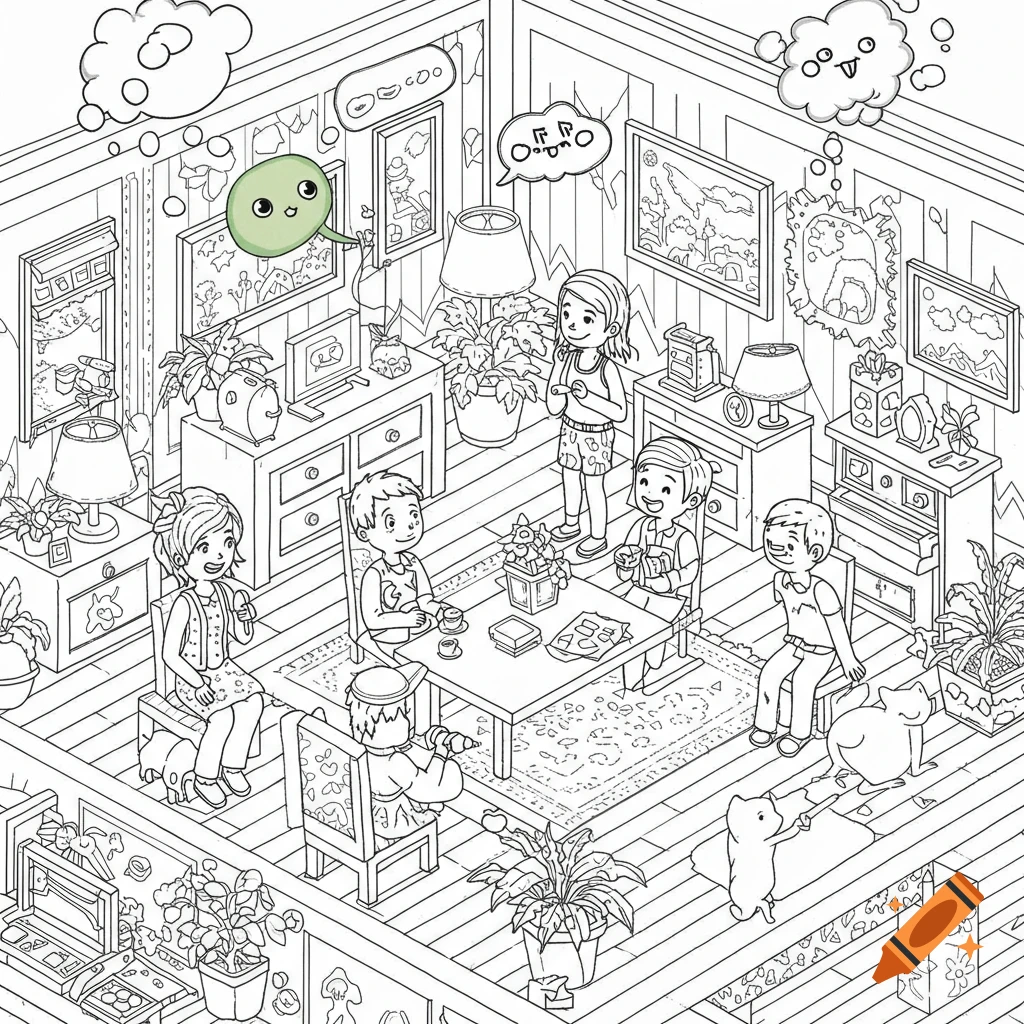 A black and white cartoon line art coloring book page depicting an isometric view of a family in a living room with speech bubbles.