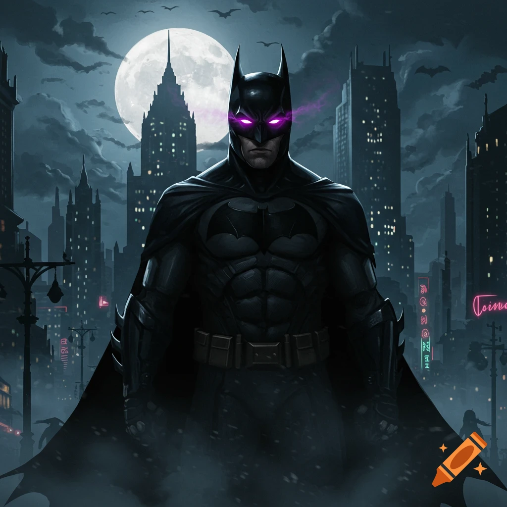 Batman stands in a dark Gotham City with glowing purple eyes, full moon and skyscrapers in the background, digital art style.