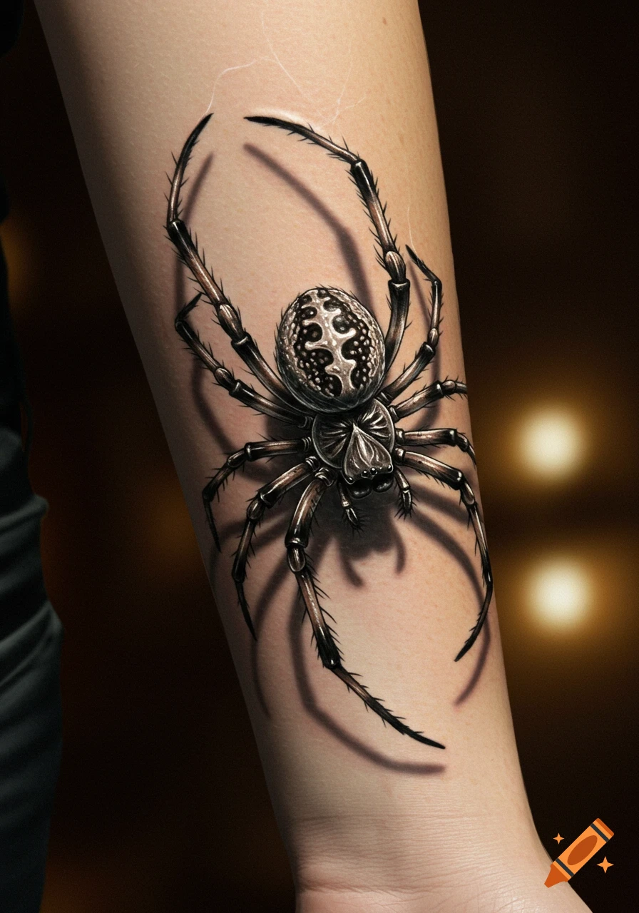 A hyperrealistic black and white spider tattoo is rendered on a person's forearm, appearing three-dimensional against a dark, blurred background.