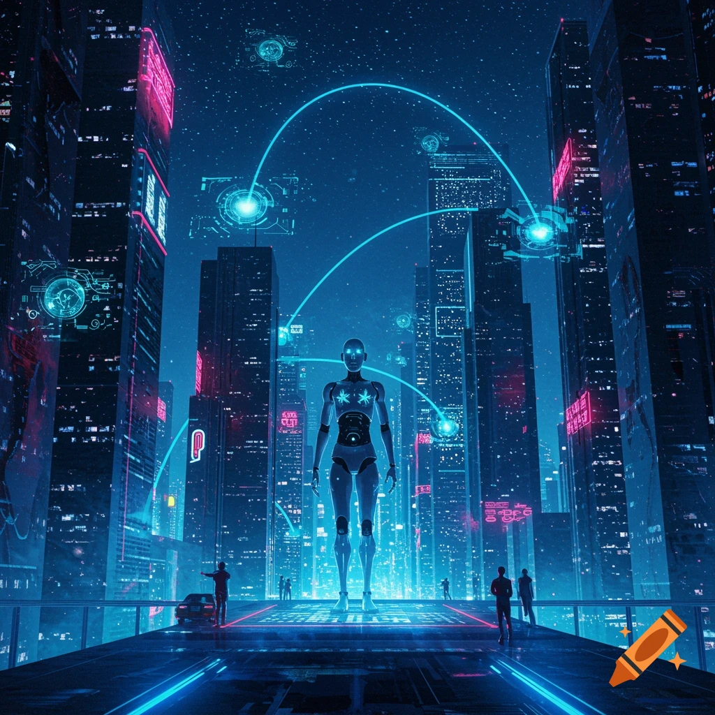 A large robot stands on a platform in a futuristic, neon-lit cyberpunk city at night, with glowing blue lines connecting to drones.
