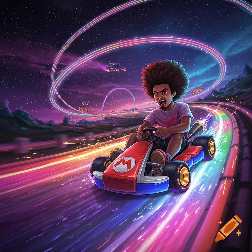 A mixed-race boy with an afro drives a red and blue go-kart with a prominent 'M' logo on a vibrant, glowing rainbow road under a starry night sky, with other karts in the distance.