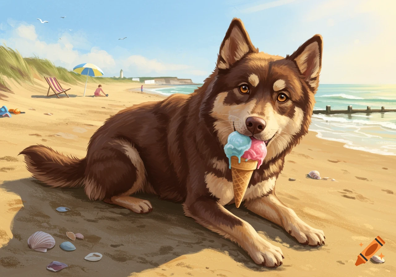 A happy brown husky-lab mix dog lies on a sunny beach, eating a pink and blue ice cream cone.