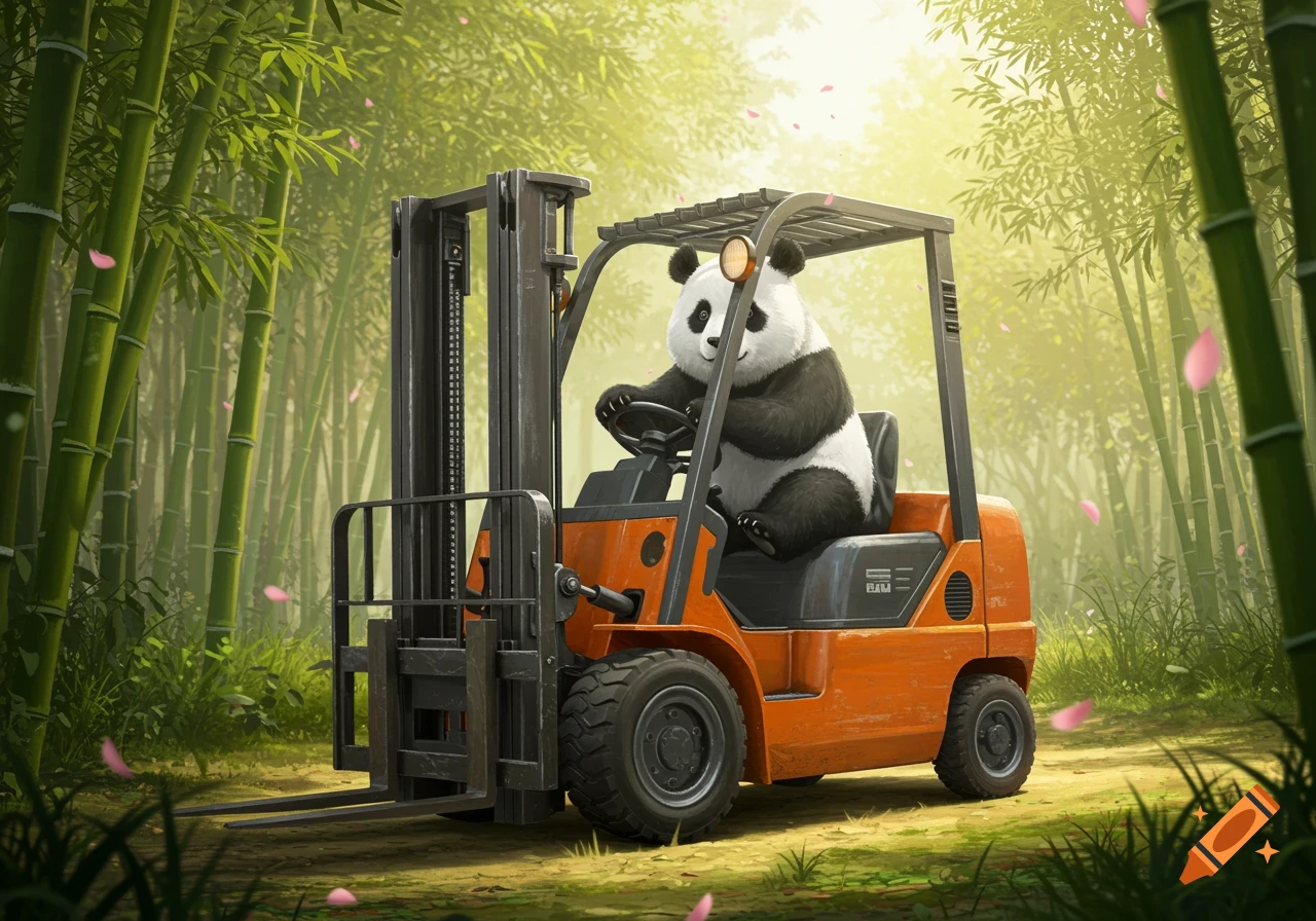 A cute panda drives an orange forklift through a vibrant bamboo forest with pink petals falling.