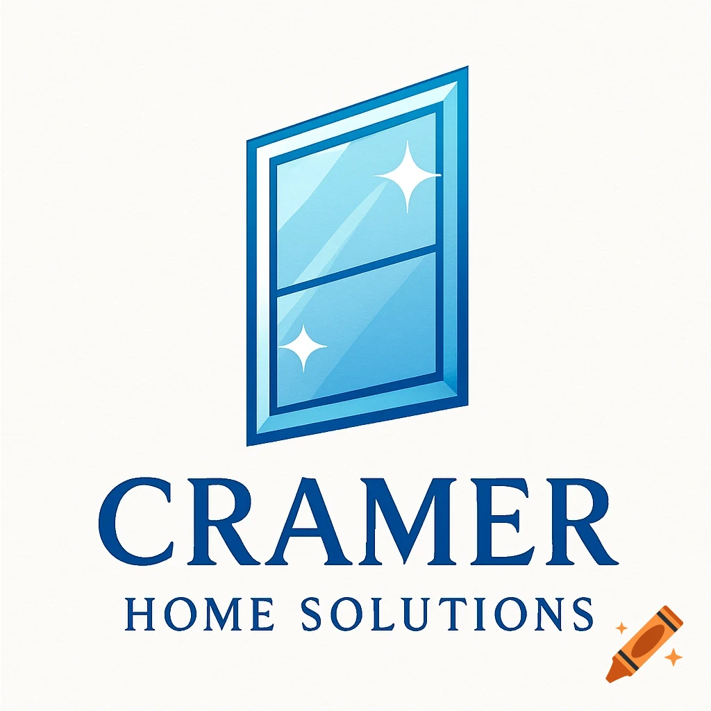 A blue and light blue logo for Cramer Home Solutions featuring a stylized window with two sparkles above the company name.