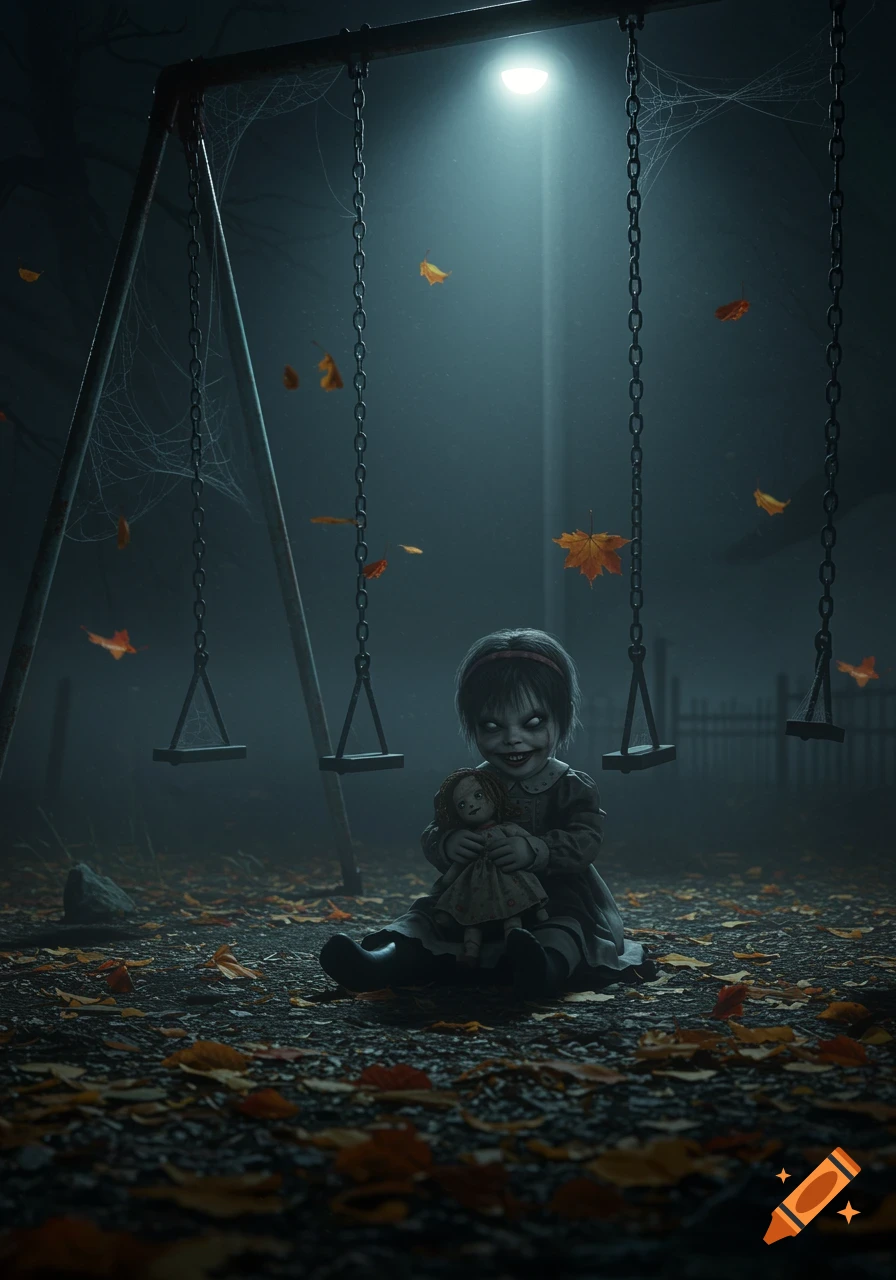 A creepy child with glowing white eyes and a wide smile sits in a dark, foggy playground under a street light, holding a doll.