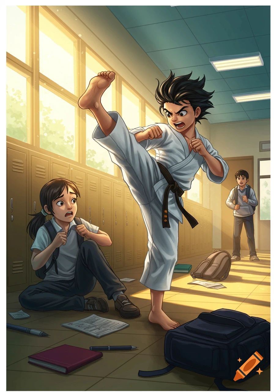 Anime illustration of a boy in a karate gi performing a high kick in a sunlit school hallway, while a scared girl sits on the floor and another boy stands in the background.