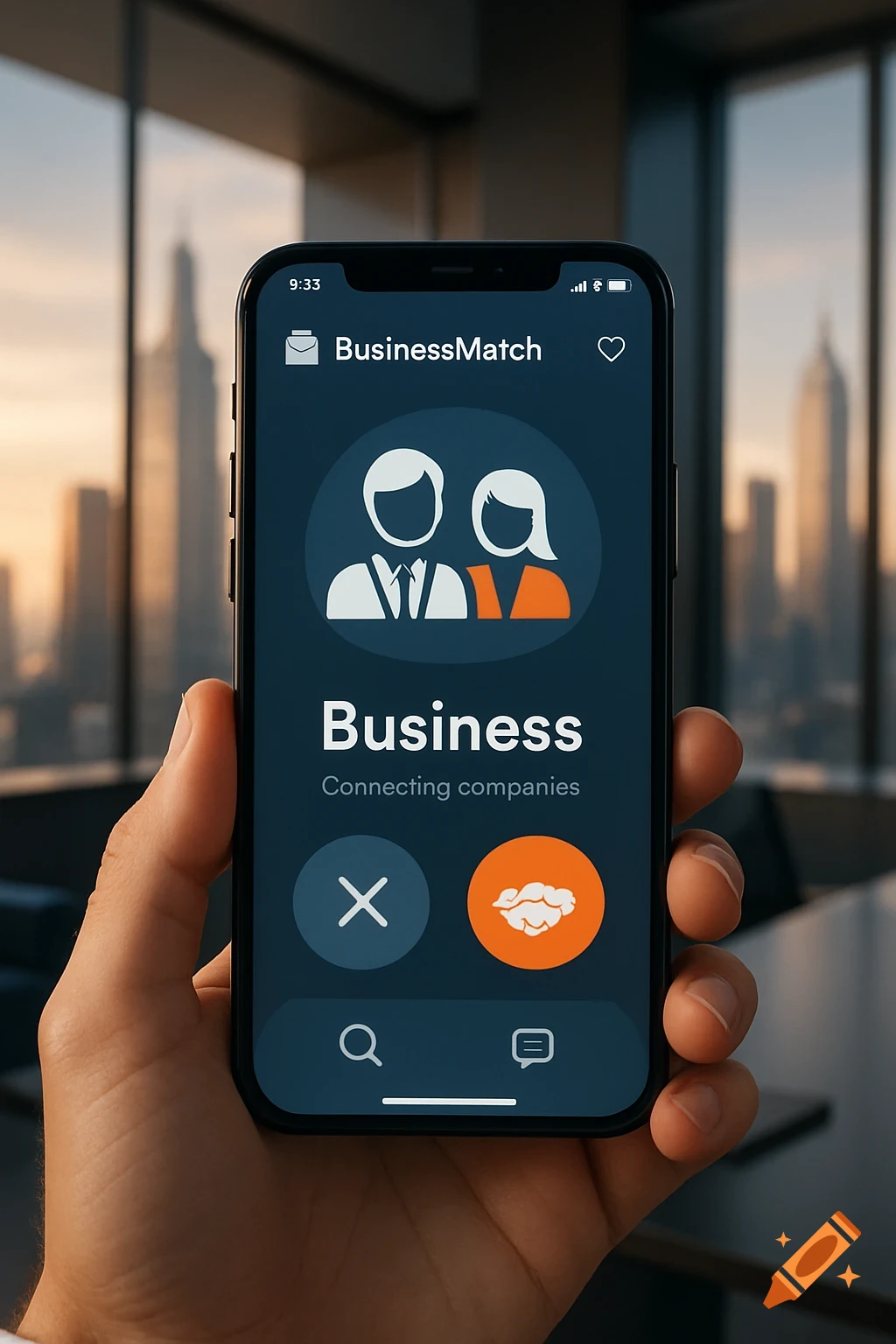 A hand holds a smartphone displaying a 'BusinessMatch' app, with a blurred city skyline in the background.