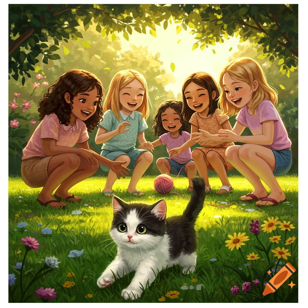 A cute black and white kitten plays with a pink ball of yarn as five smiling girls squat around it in a sunny, green yard with flowers.