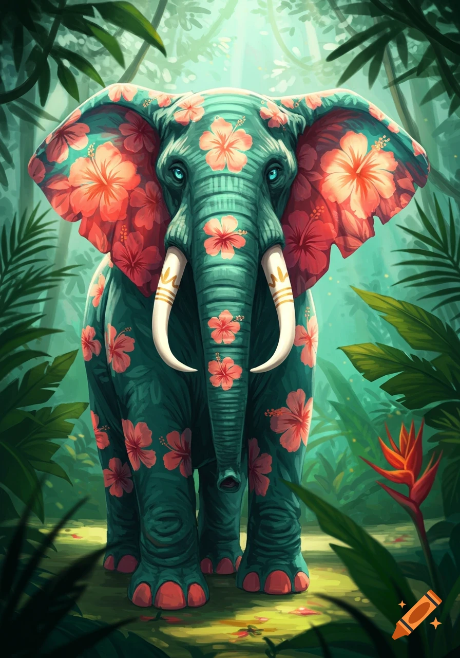 Stylized illustration of a teal elephant covered in pink hibiscus flowers in a lush jungle.